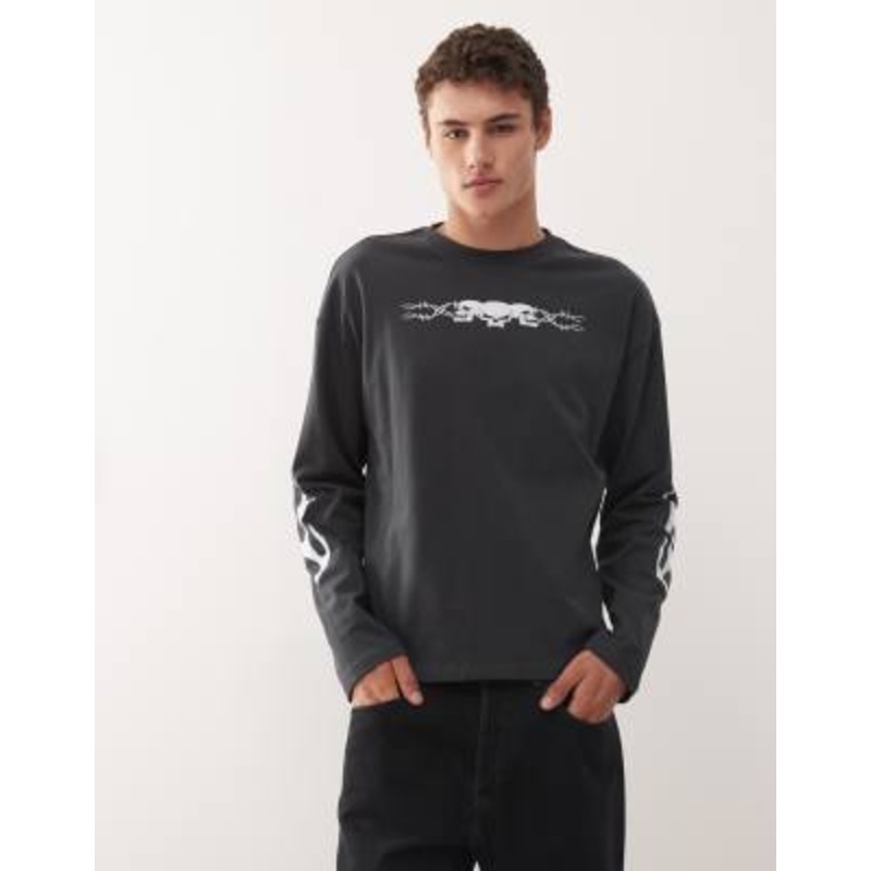 Weekday Great boxy long sleeve T-shirt with skull graphic prints in dark gray