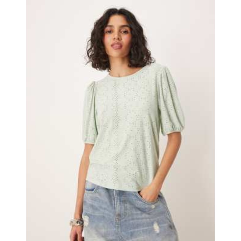 VILA broderie T-shirt with puff sleeve detail in silt green