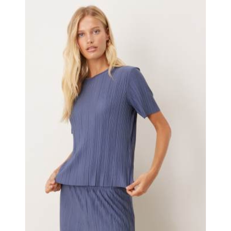 VILA plisse T-shirt in vintage indigo blue – part of a set