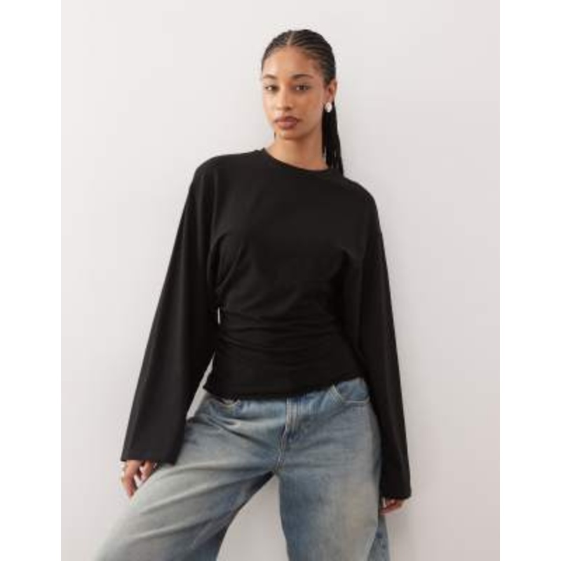 Weekday cinched waist long sleeve T-shirt in black