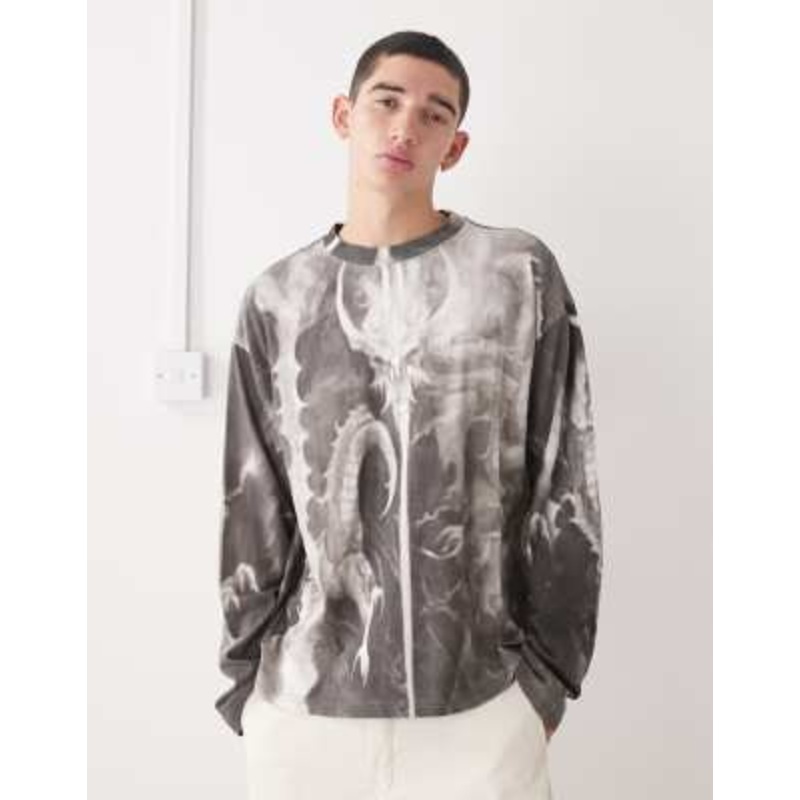 Weekday boxy oversized fit long sleeve T-shirt with all over dragon graphic print in gray