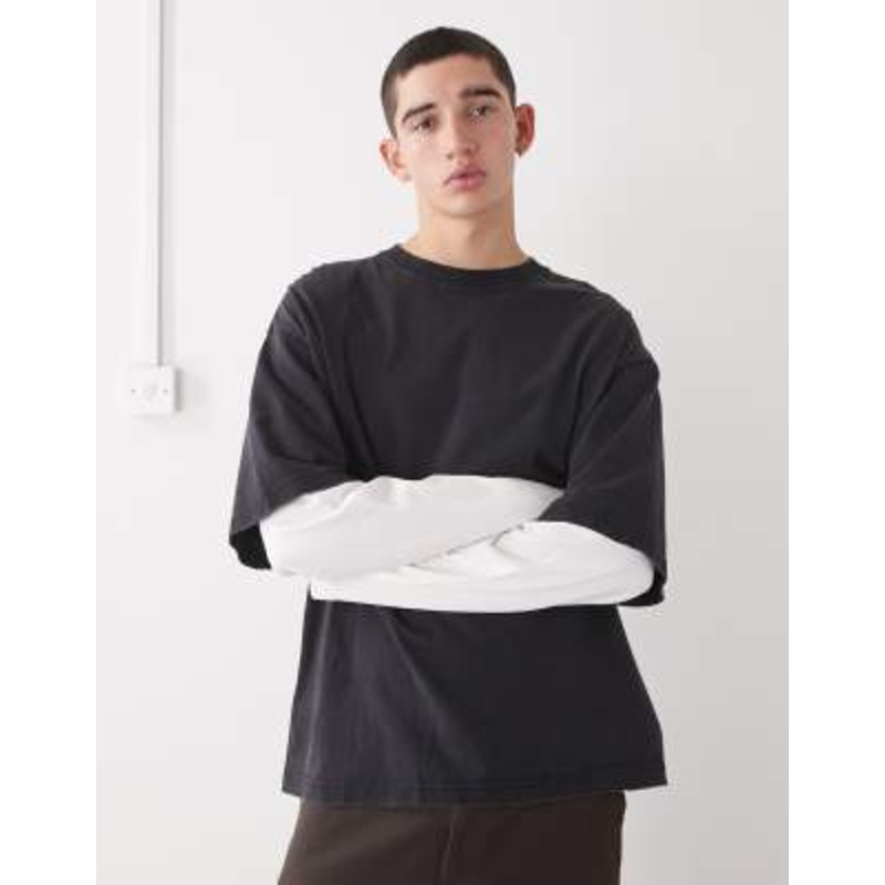 Weekday oversized double layer T-shirt in black with off-white contrast sleeves