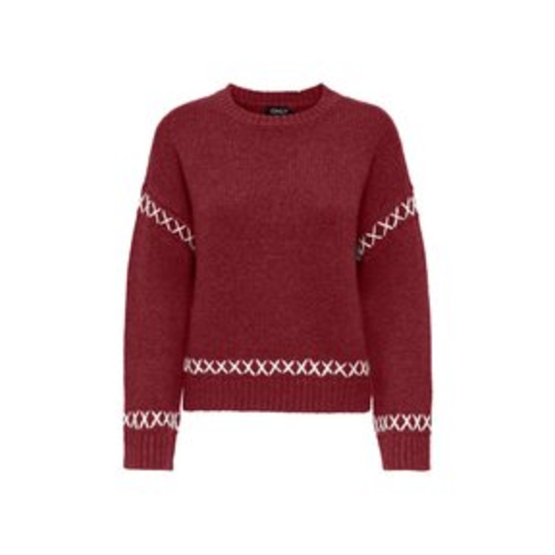 ONLY ONLAMANDA LIFE O-NECK DETAIL – Strickpullover – cabernet detail cloud dancer/dunkelrot