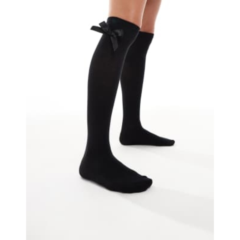 Vero Moda over-the-knee socks with bow trim in black