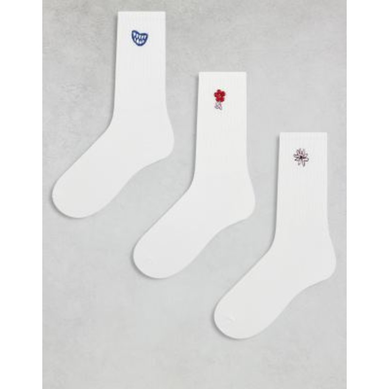 Monki 3 pack ankle socks with embroidered motifs in white