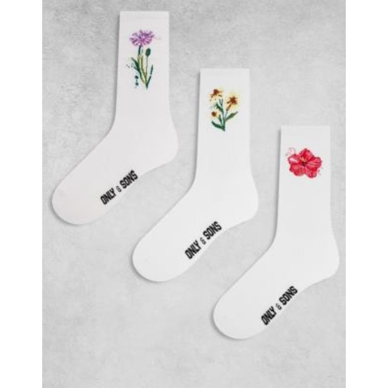 ONLY & SONS 3 pack tennis socks with small flowers in white