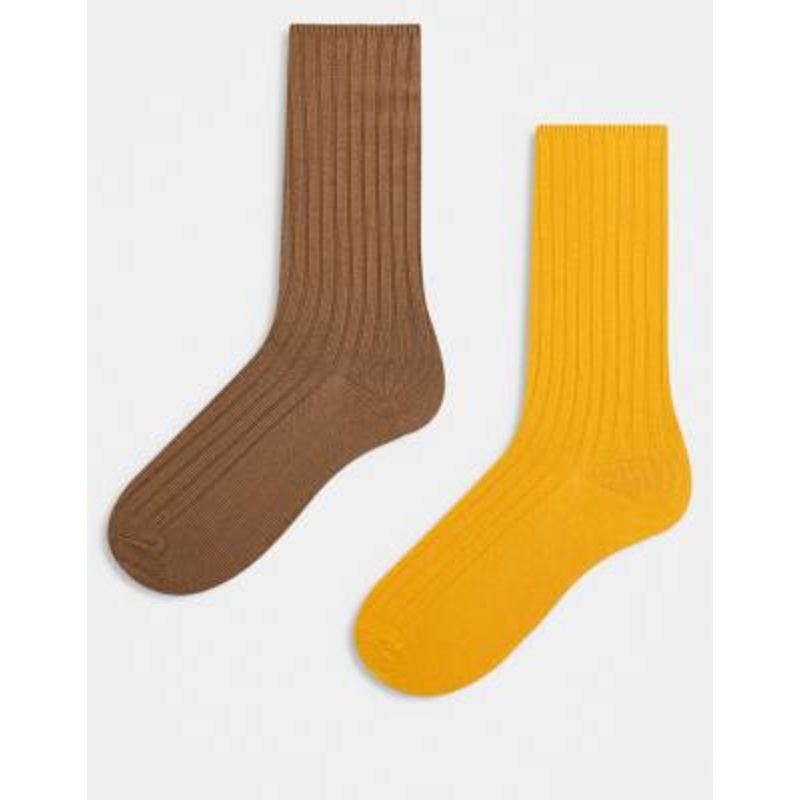 Reclaimed Vintage 2-pack ribbed ankle length socks in mustard and light brown