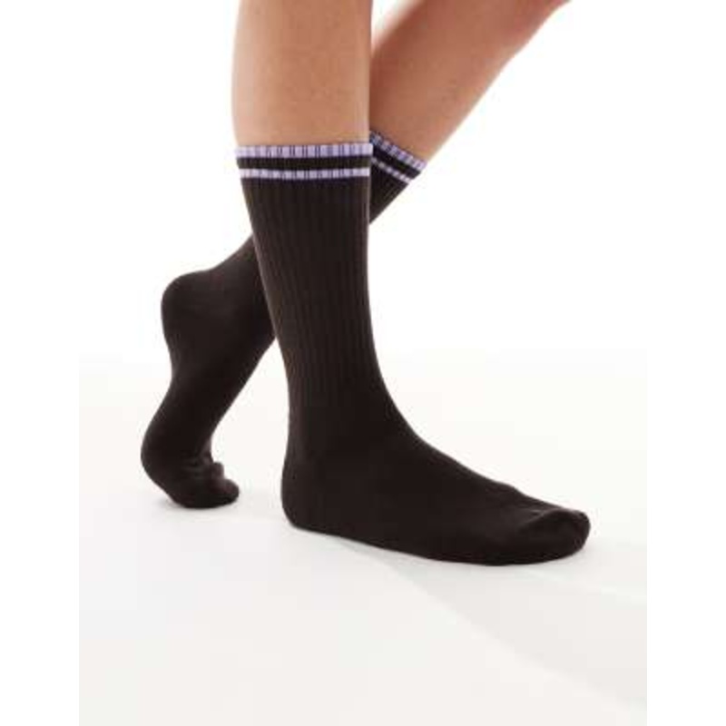 Vero Moda ribbed athletic socks in chocolate brown with lavender stripes