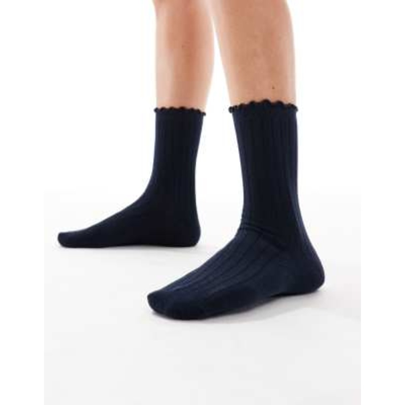 Vero Moda ribbed frill socks in navy