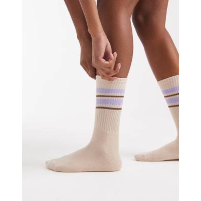 Vero Moda ribbed sports socks in oatmeal with lavender and brown stripe
