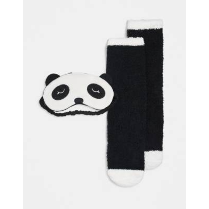 Brave Soul novelty fluffy panda bed socks and eye mask with ears in black and white