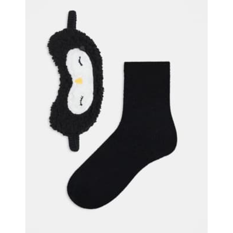Brave Soul novelty fluffy penguin bed socks and eye mask in black and white