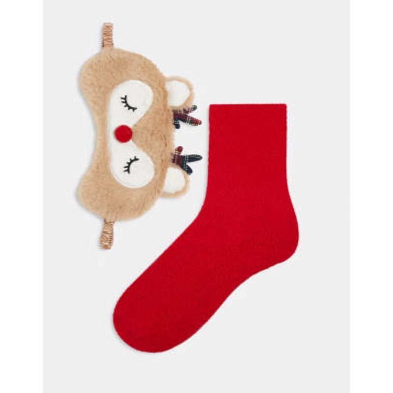 Brave Soul novelty fluffy reindeer bed socks and eye mask in red and tan
