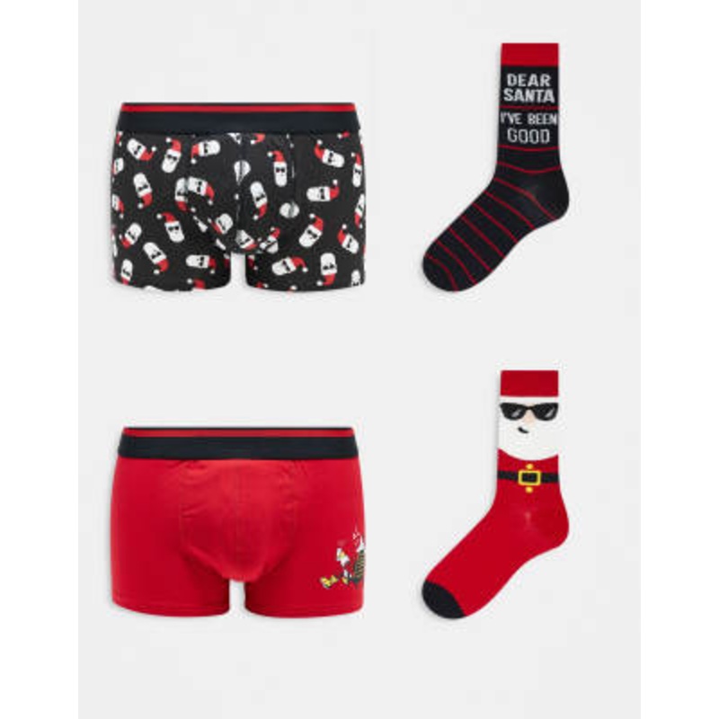 ONLY & SONS 4 pack Christmas boxer & sock giftbox in Santa print