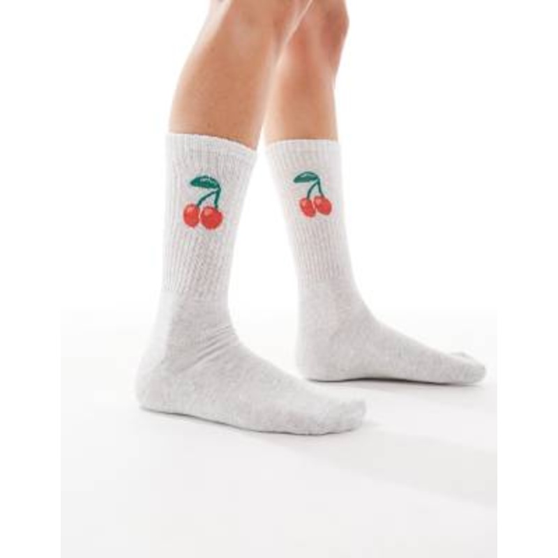 Vero Moda ribbed sports socks in light gray with cherry detail