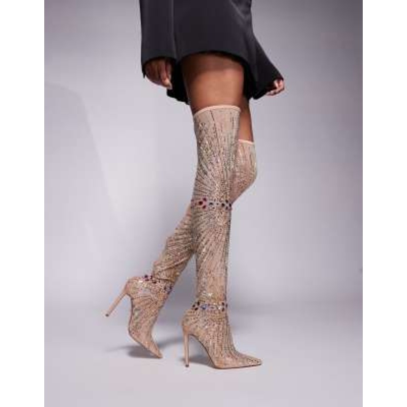 Azalea Wang Chevelle mesh sock embellished over the knee boots in beige