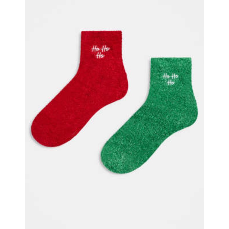 Brave Soul 2-pack fluffy Christmas socks in red and green