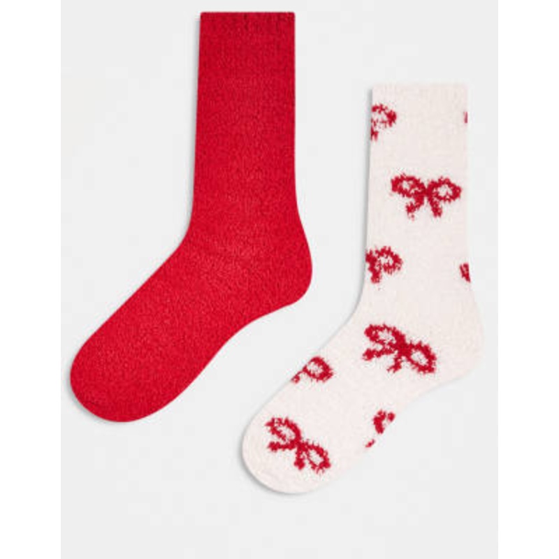 Lindex 2 pack super soft cozy socks in red and bow print