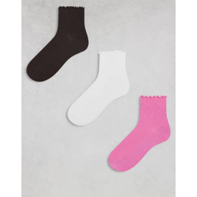 Monki 3 pack ankle socks with frill edges in white, pink and brown