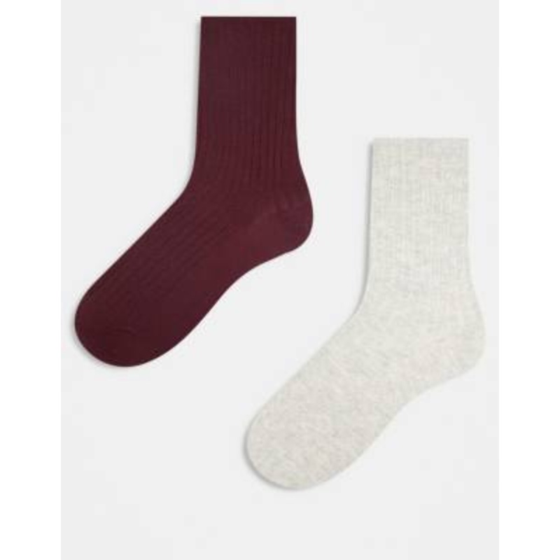 Reclaimed Vintage 2-pack ribbed ankle length socks in burgundy and light gray