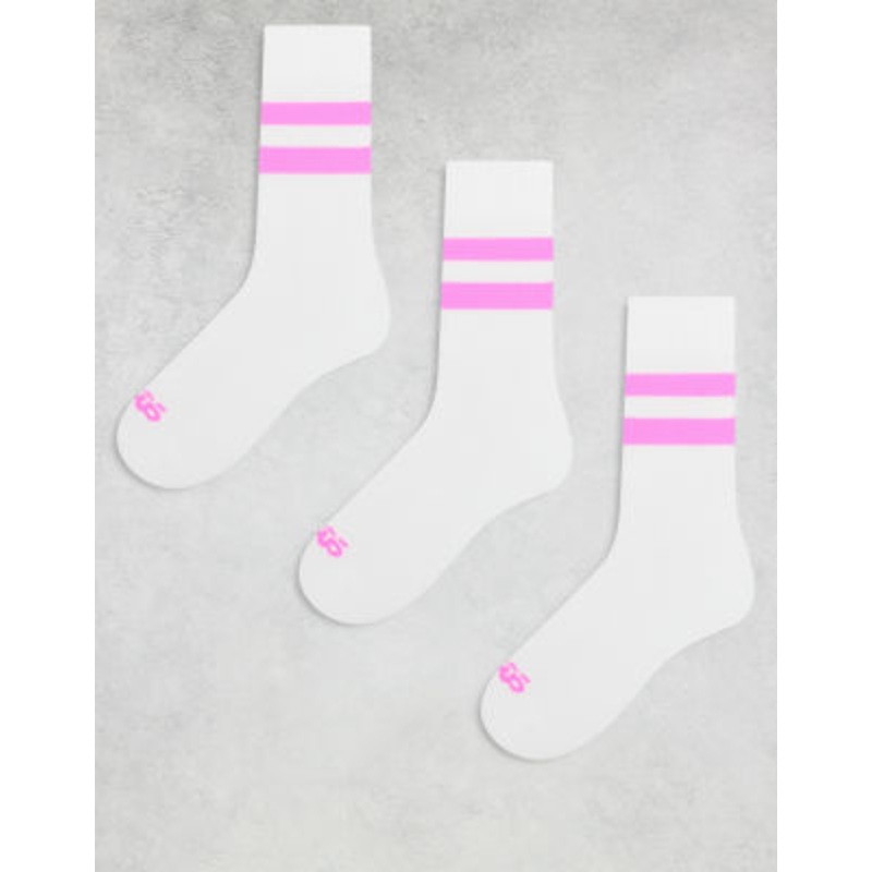 4505 3-pack 2-stripe running socks with elasticized arch support and antibacterial finish in white with neon pink stripe