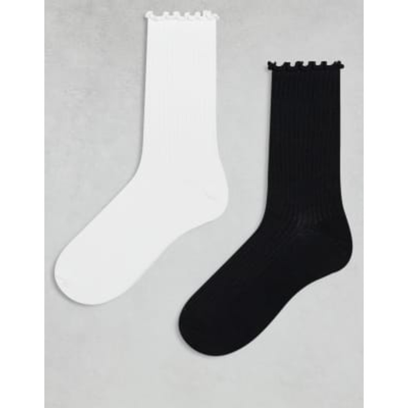 Cotton On 2 pack the perfect pair frill trim rib knit crew socks in black and white