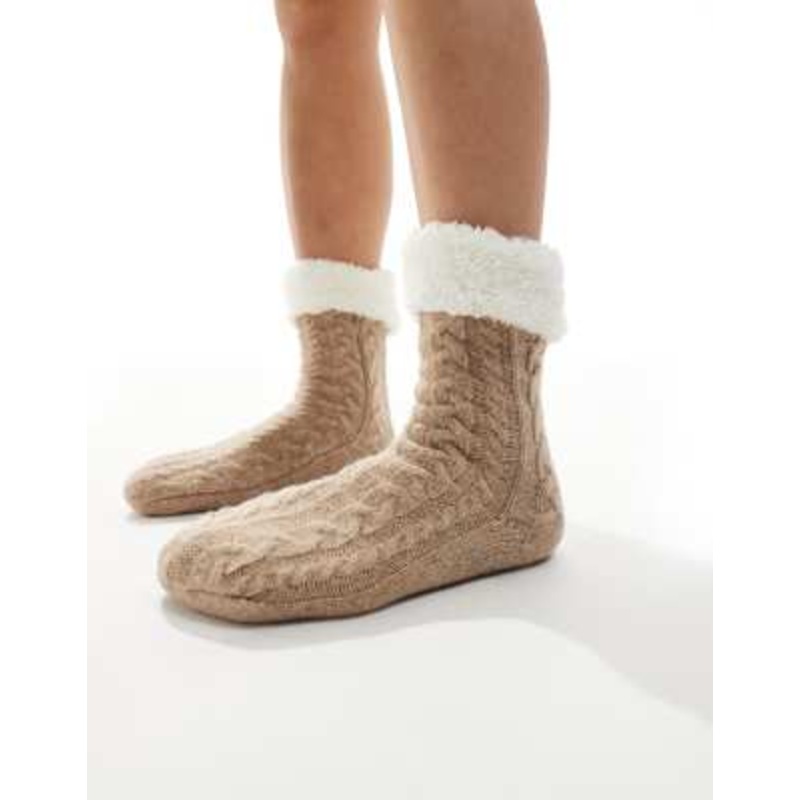 Loungeable cozy cable knit slipper socks with teddy lining in heathered oat