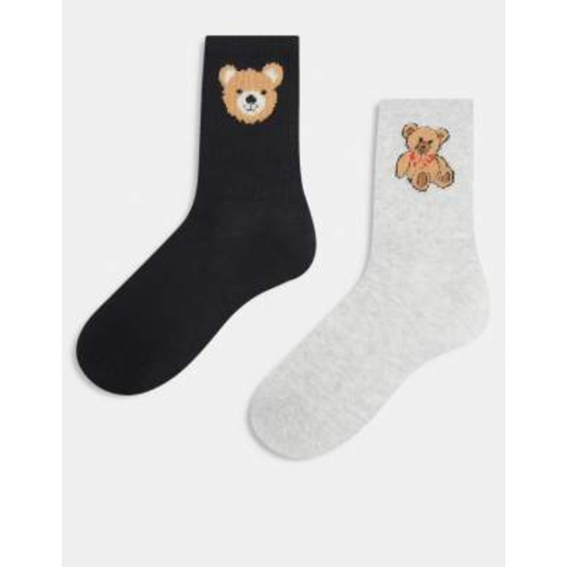 ONLY 2-pack teddy bear embroidery socks in black and light gray