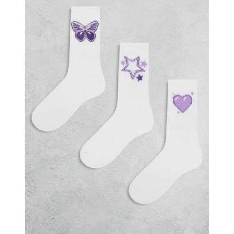 Pieces 3-pack purple embroidered ankle socks in white