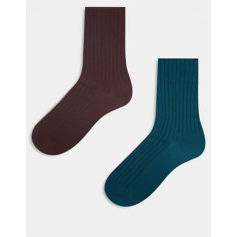 Reclaimed Vintage ribbed ankle length sock 2 pack in chocolate brown and emerald green