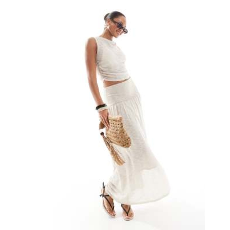 4th & Reckless knit slash neck top and deep waistband drop waist maxi skirt set in beige