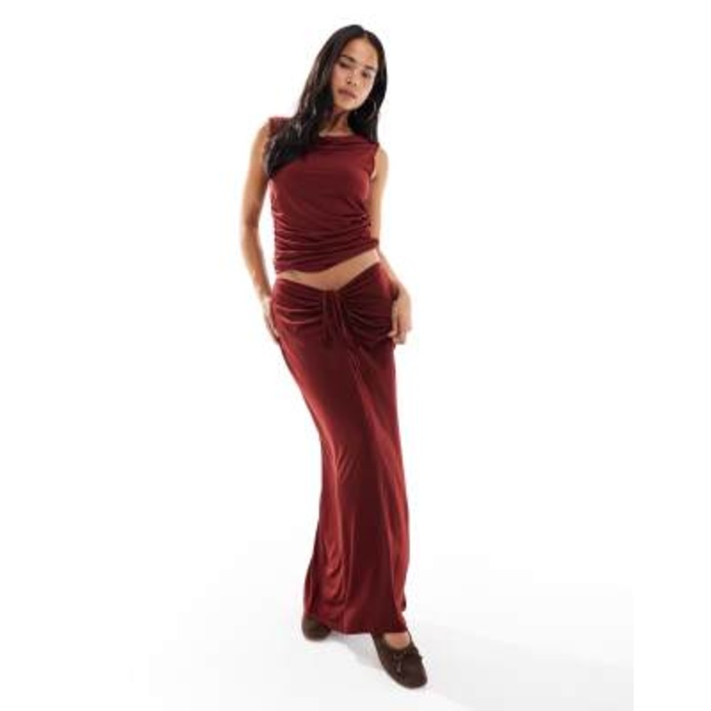 Vero Moda slinky ruched front maxi skirt in burgundy Duplicate text