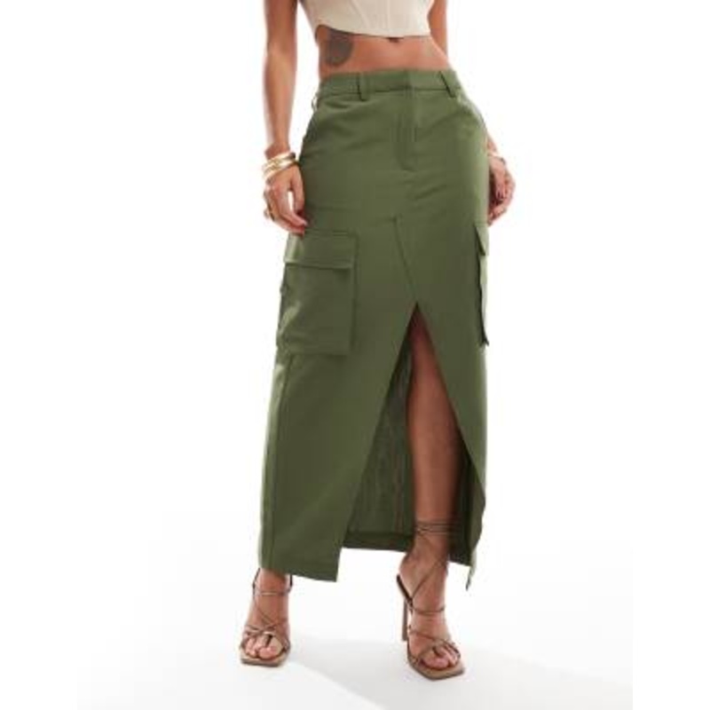 Vero Moda tailored midi skirt with pockets in khaki