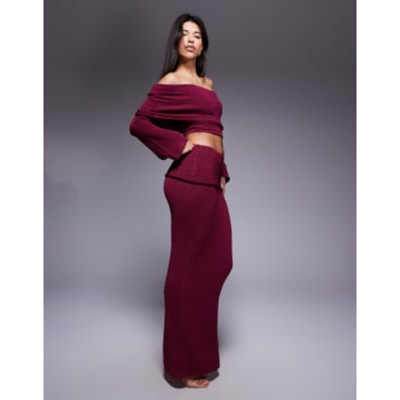 Wanderdoll Exclusive Yasmin boucle knit dramatic foldover maxi skirt in cherry – part of a set