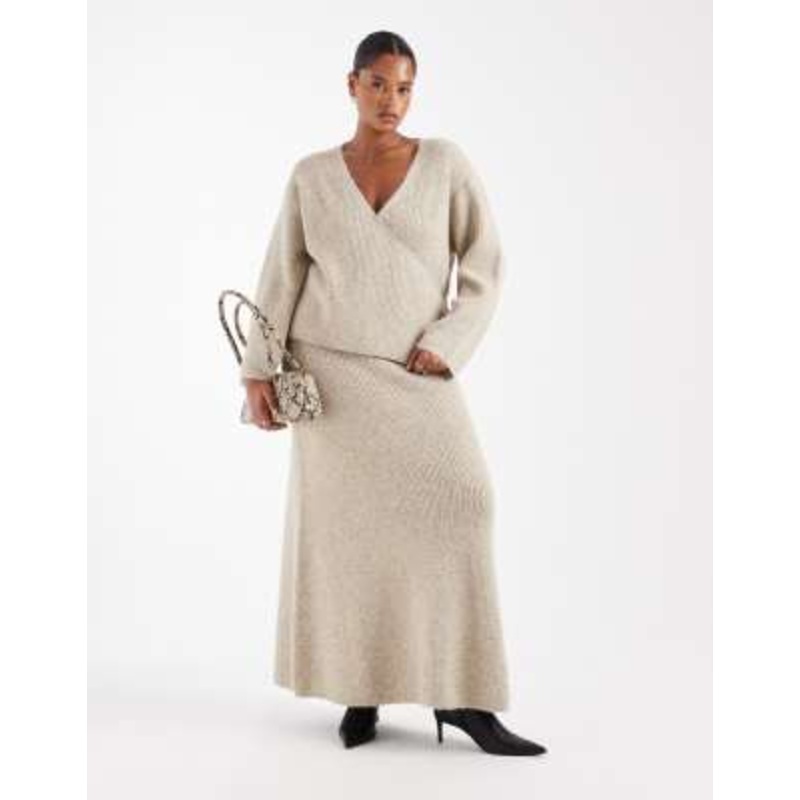 4th & Reckless Plus wool feel soft knit wrap tie detail cardigan and maxi skirt set in beige