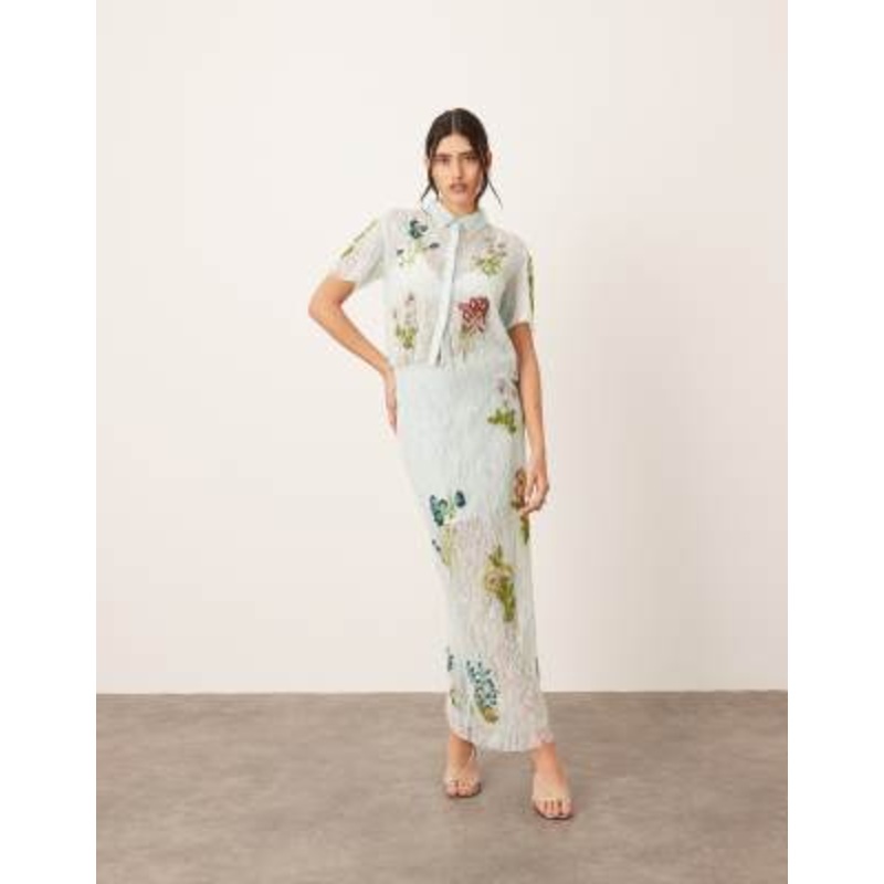 ARRANGE botanical floral embellished lace midi skirt in light blue – part of a set