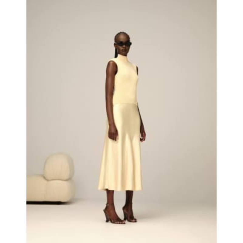 ARRANGE knit drop waist midi dress with satin skirt in buttermilk