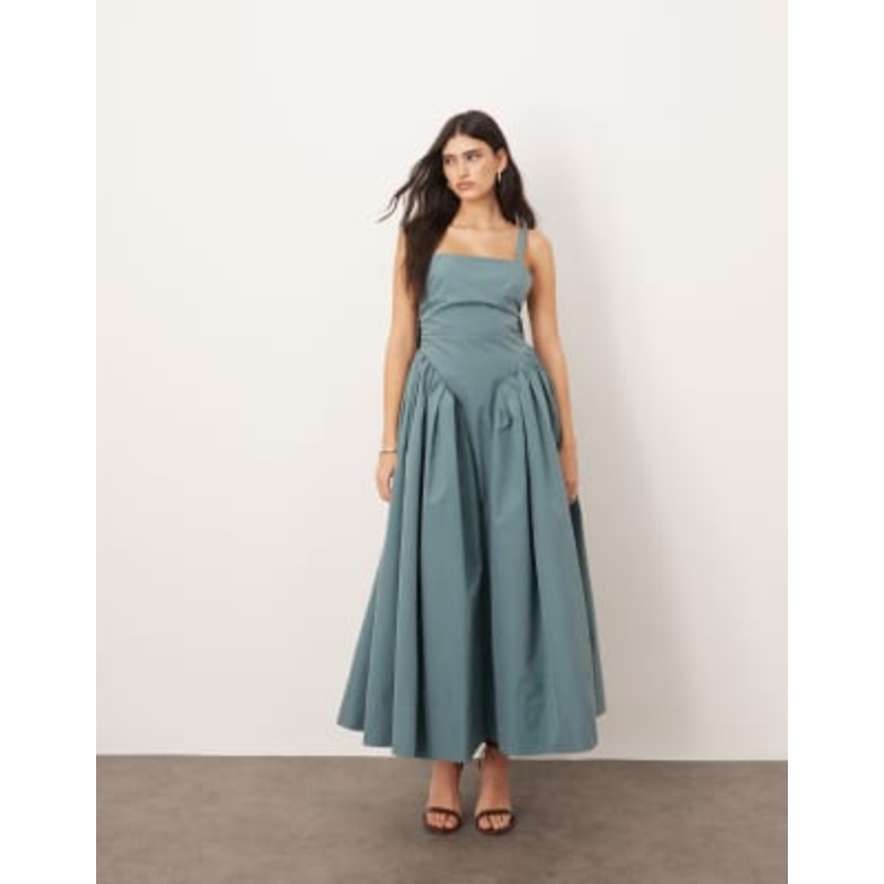 ARRANGE strappy ruched bodice full skirt maxi dress in dusky blue