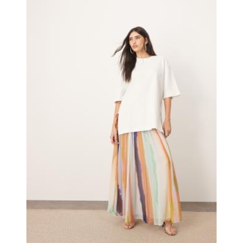 ARRANGE tiered maxi skirt with tie waist in blurred stripe