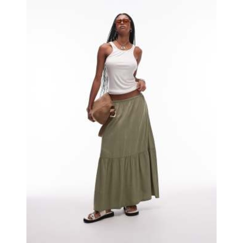 & Other Stories linen blend maxi skirt with tiered hem and side slits in khaki