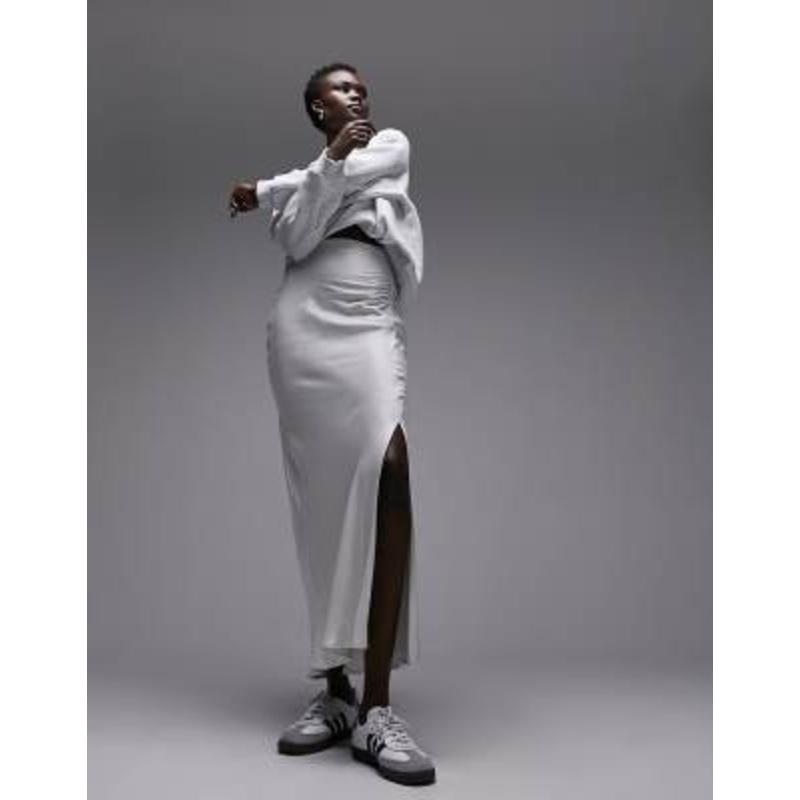 Topshop Tall ruched side maxi skirt in light gray
