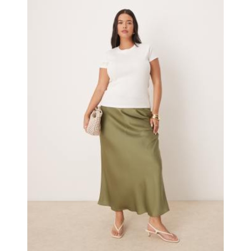 Vila Curve satin maxi skirt in oil green