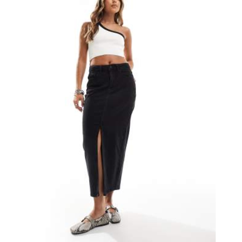 Vila high rise denim front split midi skirt in black wash
