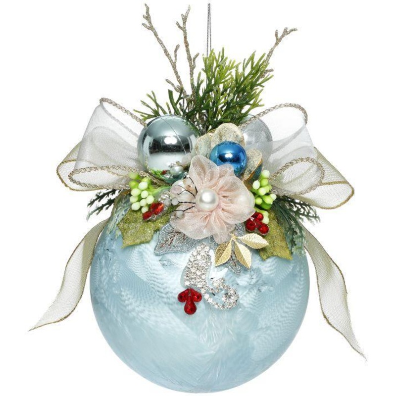 Floral Jeweled Ball Ornament, Frosted, Light Blue – 6 Inches