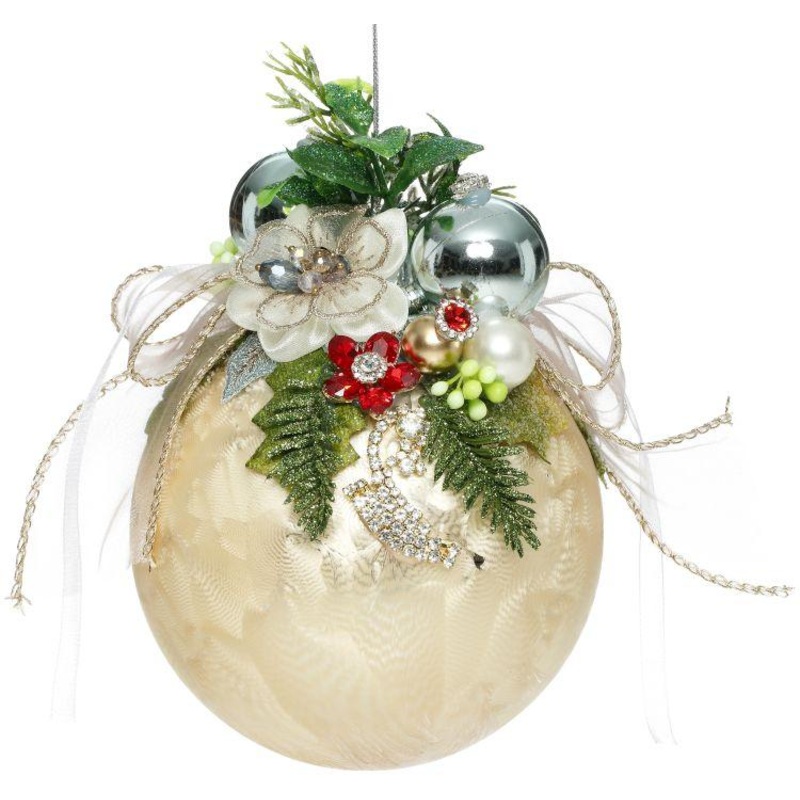 Floral Jeweled Ball Ornament, Frosted, Gold – 6.5 Inches