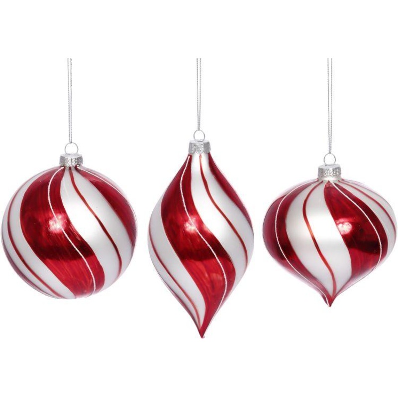 Shiny Red and White Ornament, Assortment of 3 – 4 Inches