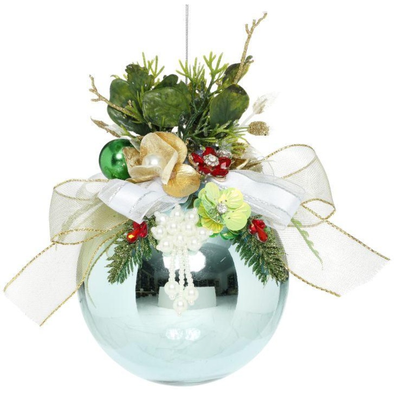 Floral Jeweled Ball Ornament, Shiny, Blue – 7 Inches