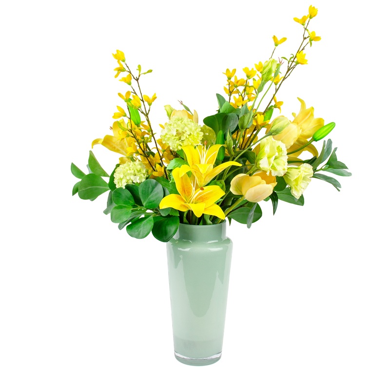 Yellow Tiger Lily flower arrangement with forsythia and greenery
