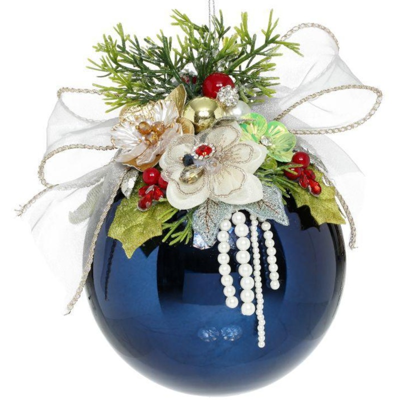 Floral Jeweled Ball Ornament, Shiny, Dark Blue – 6.5 Inches