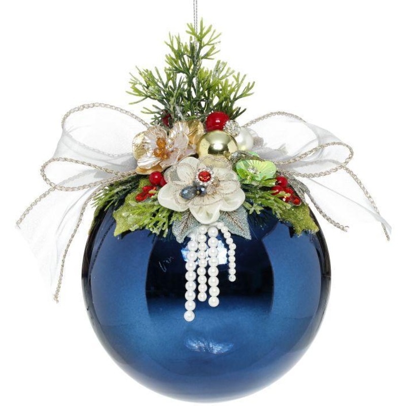 Floral Jeweled Ornament, Shiny, Dark Blue – 7.5 Inches